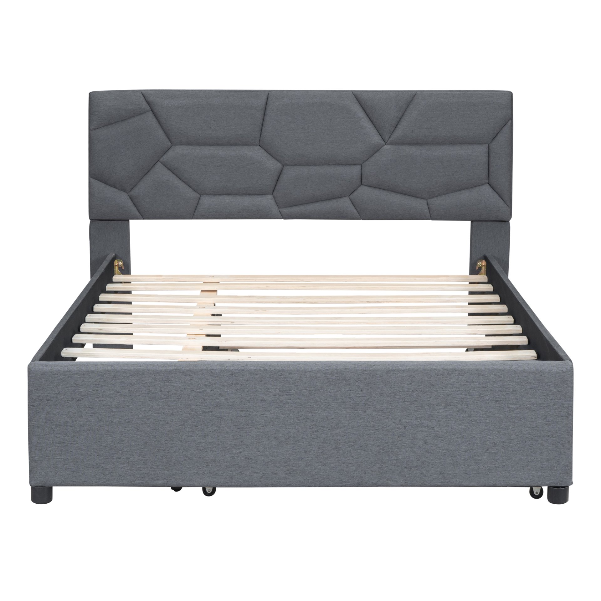 Full Size Upholstered Platform Bed With Brick Pattern Headboard And Twin Size Trundle - Gray - Image 8