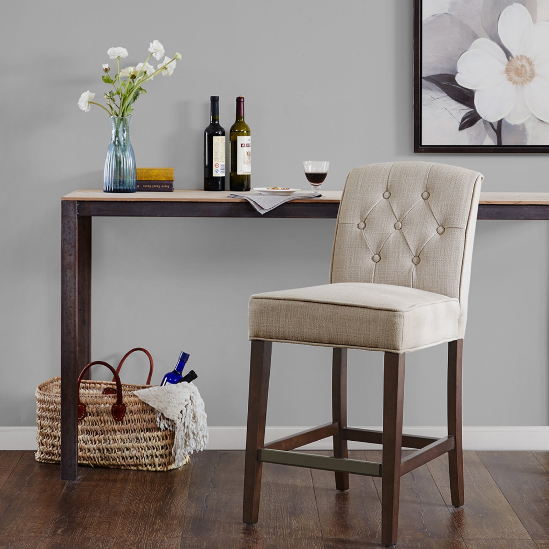 Tufted Counter Stool With Button Tufted Back - Tan - Image 2