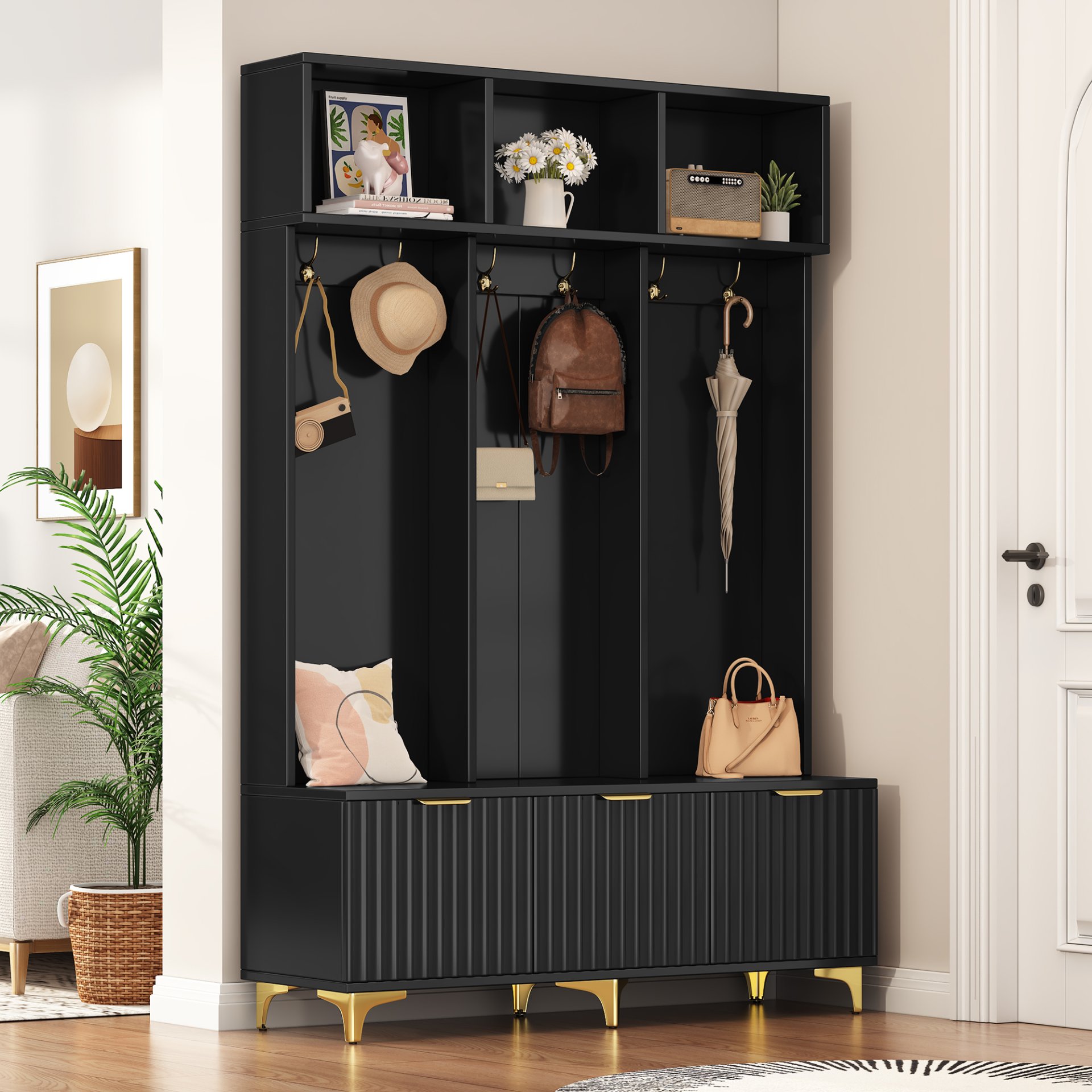 Modern Large Storage Hall Tree With Bench, Luxurious Coat Rack With 6 Hooks And Legs For Entryway, Living Room - Black / Gold - Image 3