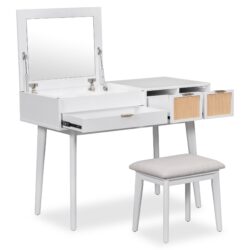 Classic Wood Makeup Vanity Set With Flip-Top Mirror And Stool, Dressing Table With Three Drawers And Storage Space - White