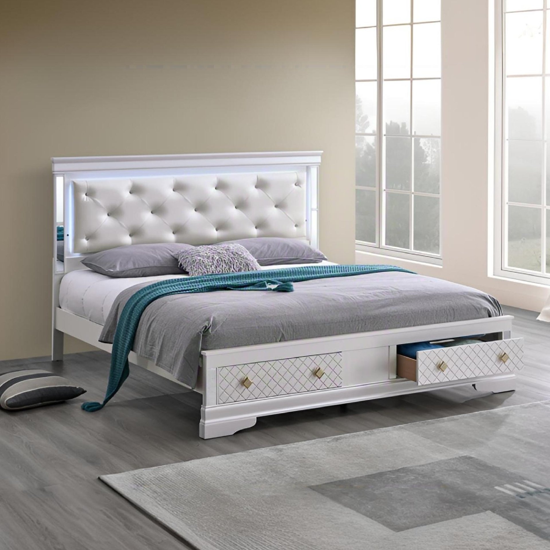 Verona - Queen Bed And Jeweled Tufted Upholstered Headboard - White - Image 2