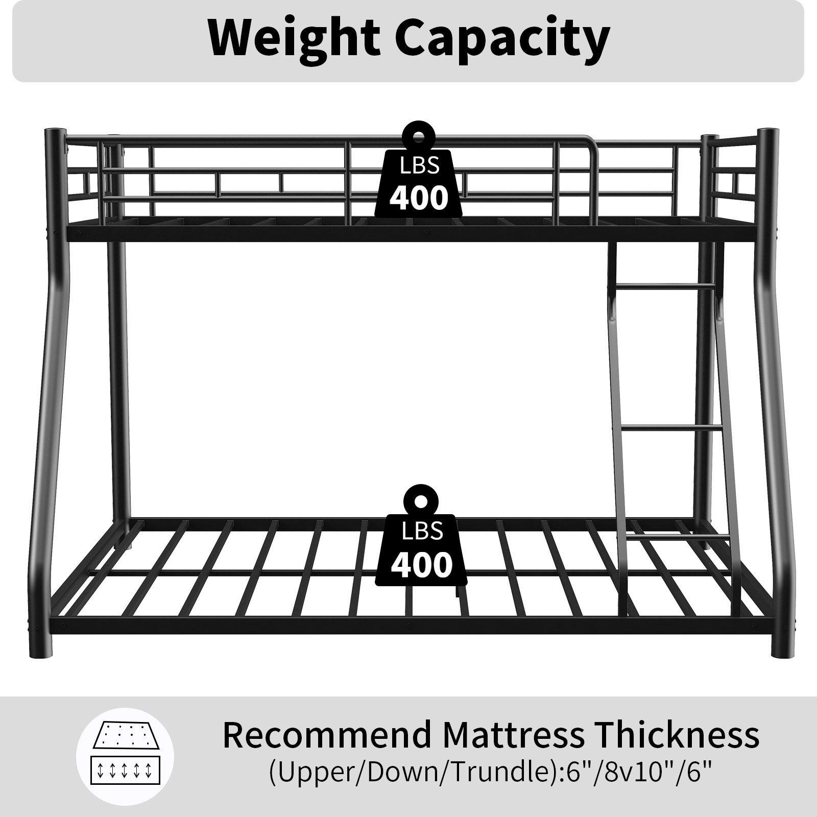 Twin Over Full Metal Bunk Bed Frame With Ladder And Guardrail, Heavy Duty Noise Free Design Metal Construction - Black - Image 5