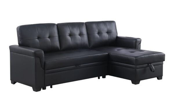 Lexi - Vegan Leather Modern Reversible Sleeper Sectional Sofa With Storage Chaise - Black