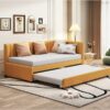 Upholstered Daybed With Trundle Twin Size Sofa Bed Frame No Box Spring Needed, Linen - Yellow - Image 14