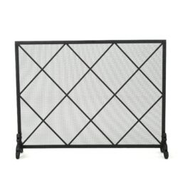 Minimalist Single Panel Iron Fireplace Screen With Diamond Design - Black