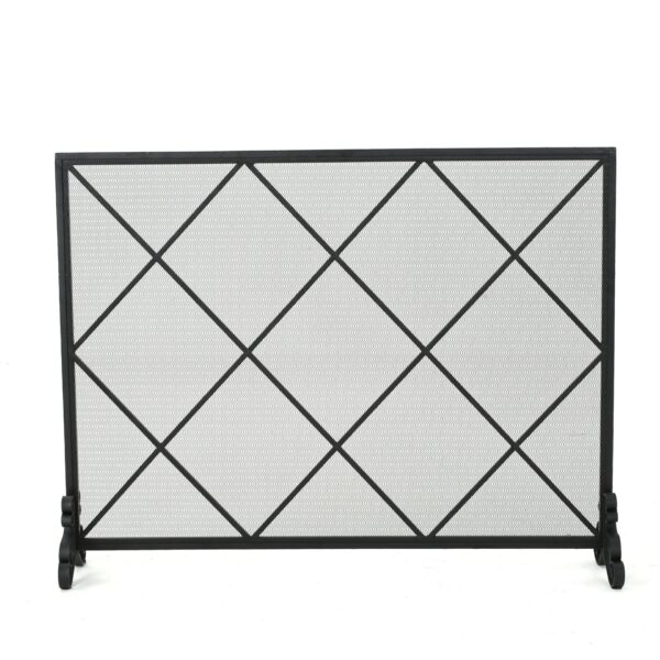 Minimalist Single Panel Iron Fireplace Screen With Diamond Design - Black