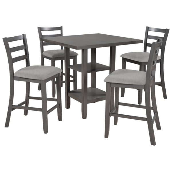 5 Piece Wooden Counter Height Dining Set With Padded Chairs, Storage Shelving - Gray