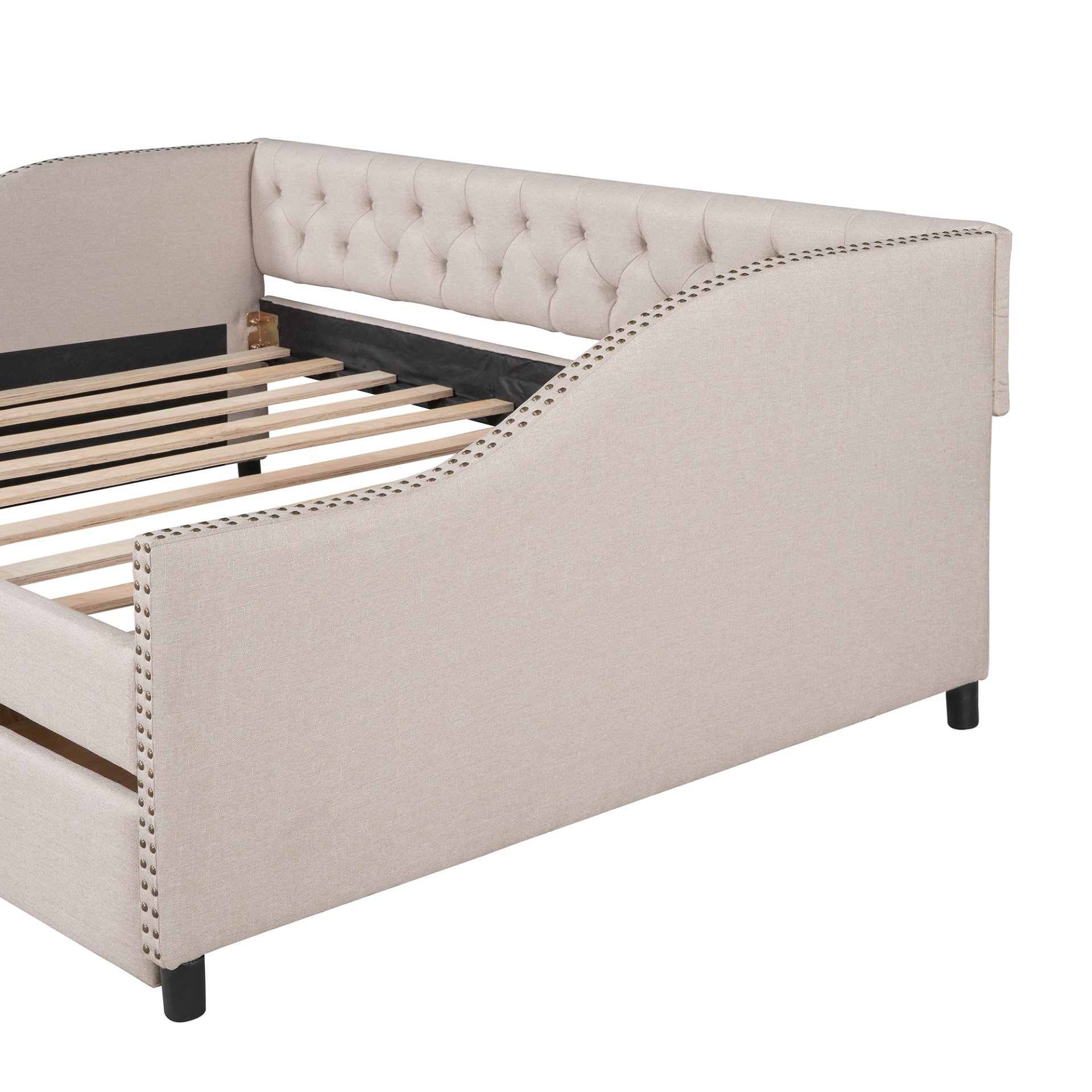 Full Size Upholstered Daybed With Two Drawers, Slat Support - Beige - Image 10