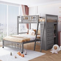 Twin Over Full Bunk Bed With 6 Drawers And Flexible Shelves, Bottom Bed With Wheels - Gray