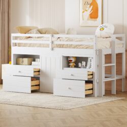 Twin Size Loft Bed With 4 Drawers, Underneath Cabinet And Shelves - White