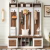 5 In 1 Entryway Bench With Coat Rack, 7 Sturdy Hooks, 2 Spacious Drawers And Adjustable Shelves, Wide Hall Tree With Metal Handles For Hallway - Brown / White - Image 10
