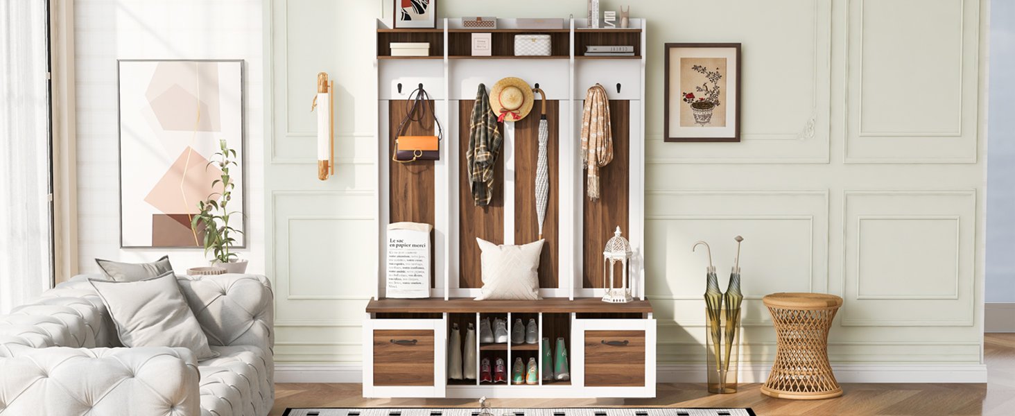 5 In 1 Entryway Bench With Coat Rack, 7 Sturdy Hooks, 2 Spacious Drawers And Adjustable Shelves, Wide Hall Tree With Metal Handles For Hallway - Brown / White - Image 10