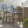Outdoor Wicker And Aluminum French Barstools Set With Bamboo Print - Navy Blue - Image 6