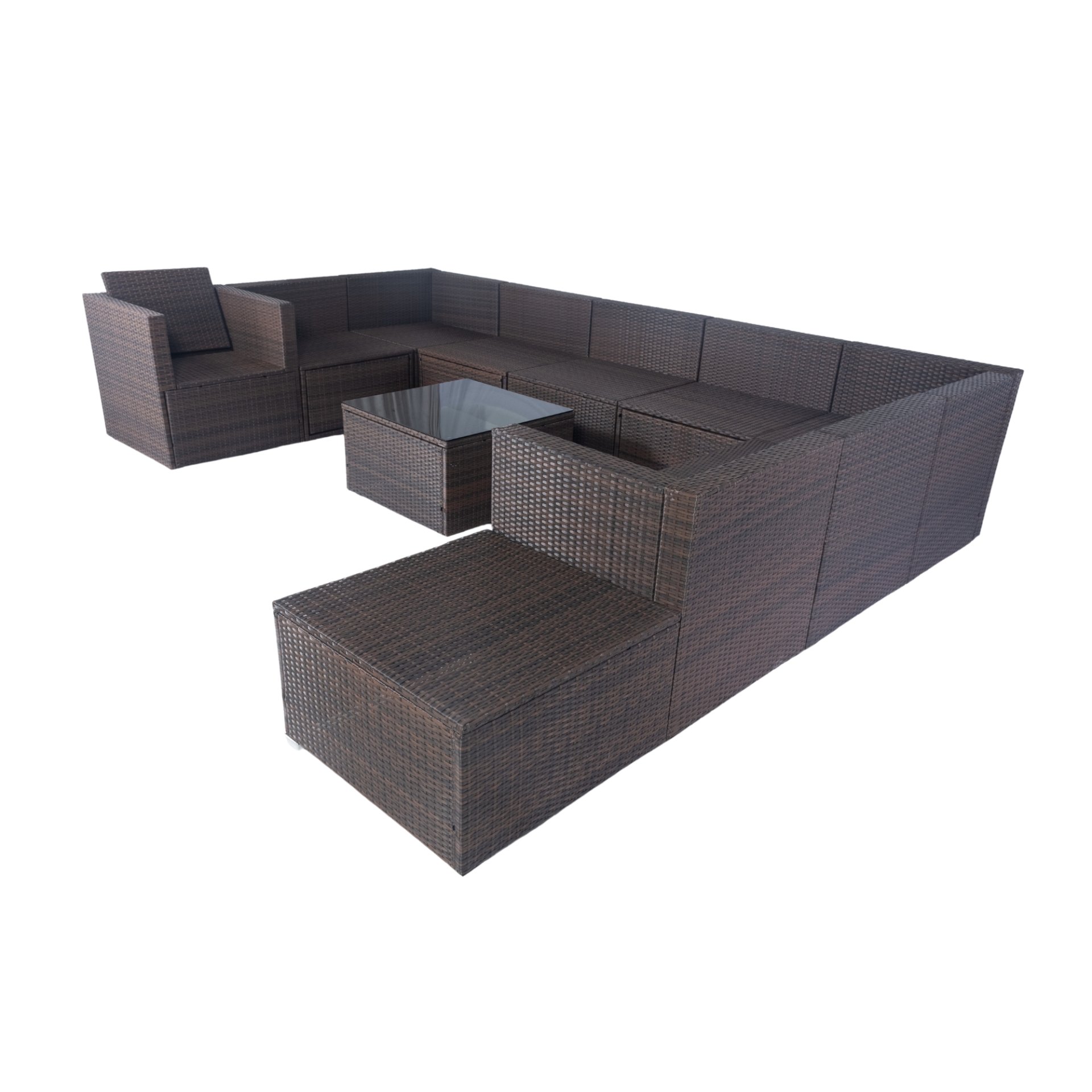 11 Piece Patio Wicker Conversation Set, 10 Seater Patio Sectional Set With 3 Storage Box Under Seat - Brown / White - Image 22