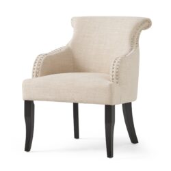 Upholstered Armchair With Rolled Back, Tapered Legs And Nailhead Trim - Light Beige