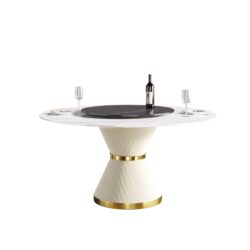 59.05" Modern Artificial Stone Round Carbon Steel Base Dining Table, Black Artificial Stone Turntable - White