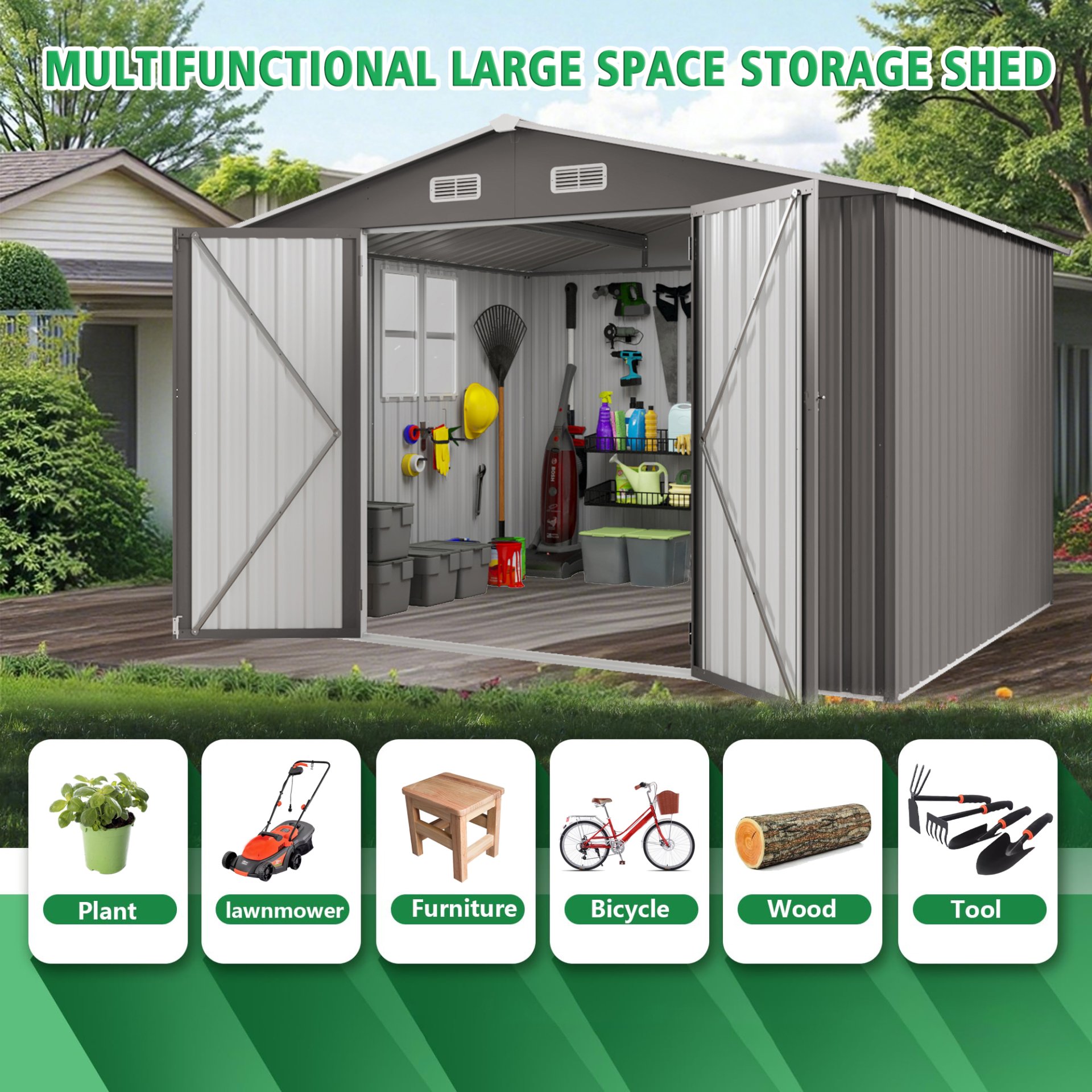 Large Metal Garden Shed With Double Door And Windows Waterproof Tool Shed - Gray - Image 7