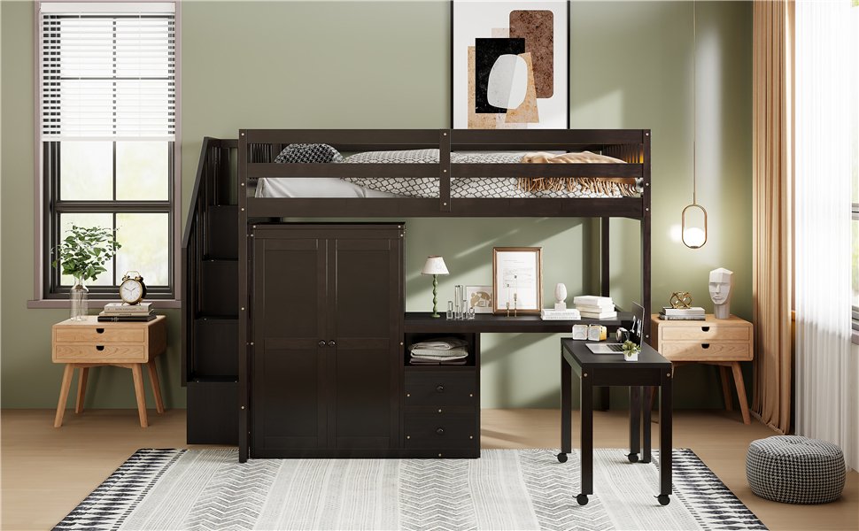 Full Size Loft Bed With Stairs, Bookshelf, Drawers, Desk & Wardrobe, Space Saving Multifunctional Furniture - Espresso - Image 20