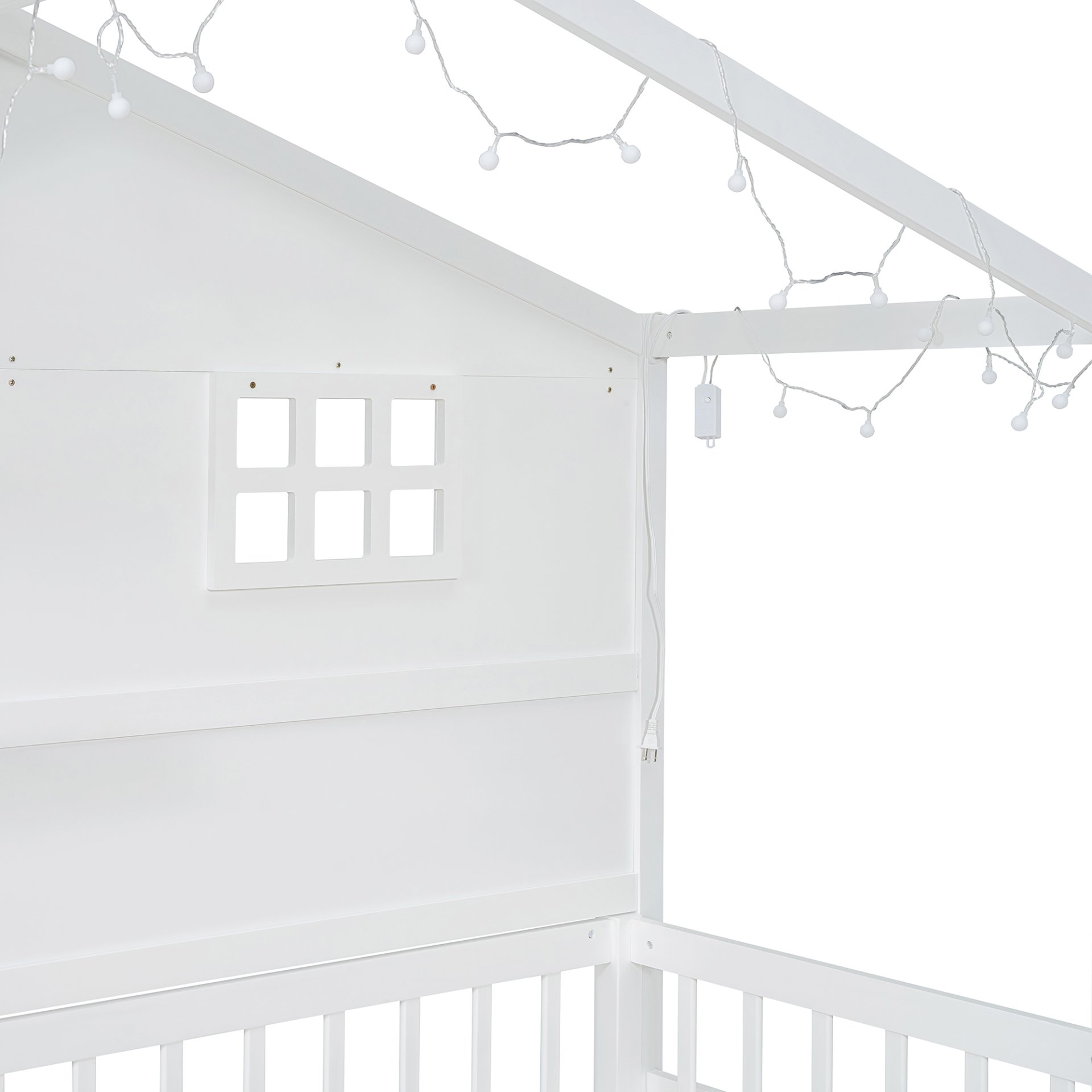 Twin Size House Bed With Shelves, Window And Sparkling Light Strip On The Roof - White - Image 17