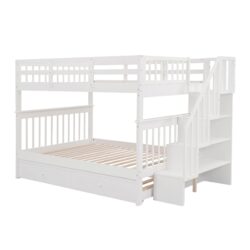 Full Over Full Stairway Bunk Bed With Twin Size Trundle, Storage And Guard Rail For Bedroom - White