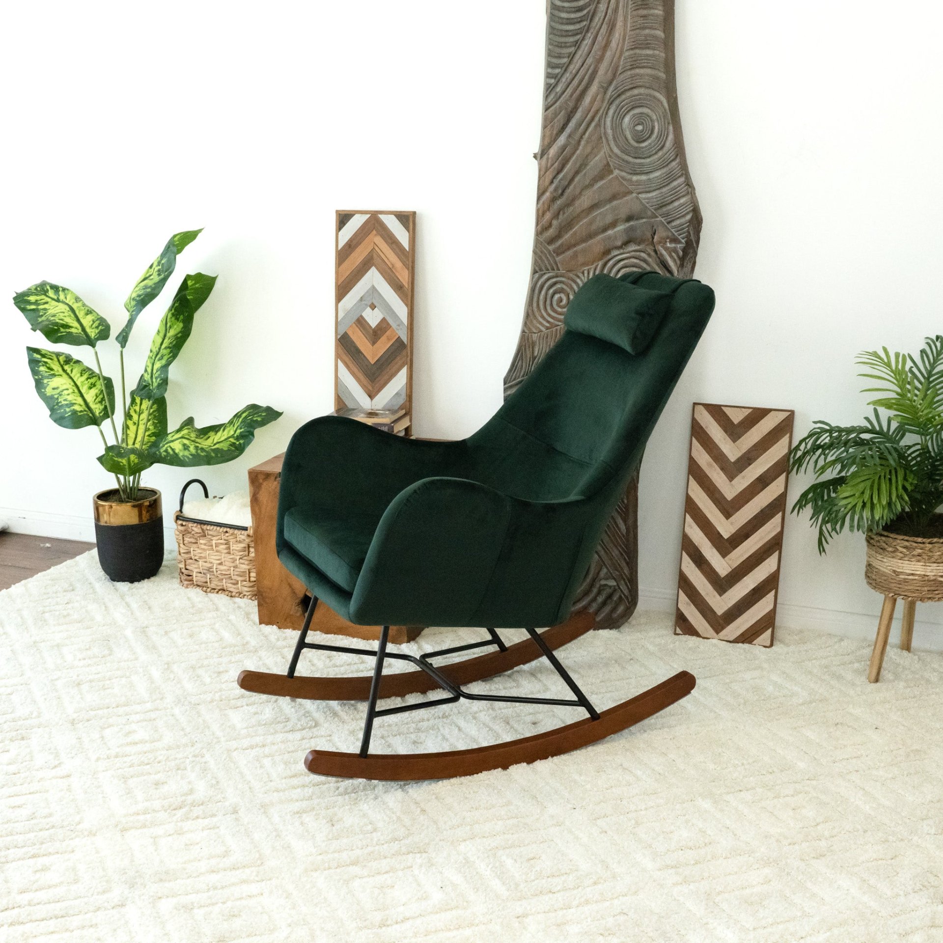 Chel - Mid-Century Modern Velvet Rocking Chair - Green - Image 2