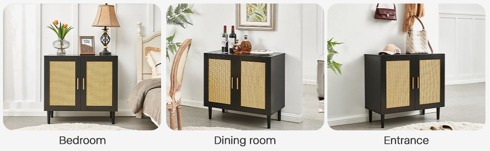 Side Panel Buffet Cabinet With Natural Rattan Door, Rattan Storage Cabinet With Adjustable Shelves, Side Panel And Buffet With Storage Space, Modern Console Cabinet In Bedroom And Living Room - Black / Beige - Image 13