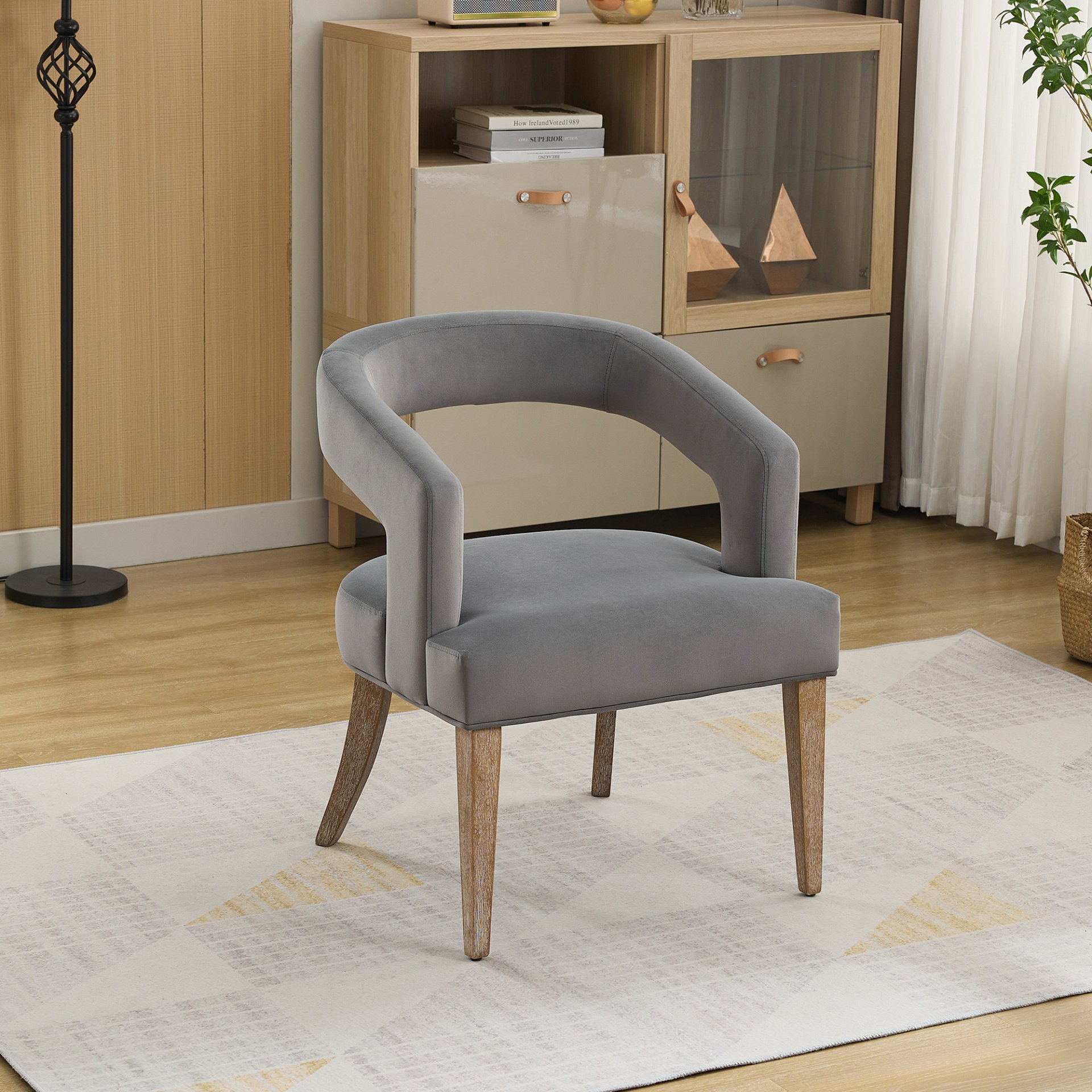 Wide Modern Barrel Open Back Upholstered Accent Chair With Weathered Solid Wood Legs Dining Chairs For Dining Room, Club, Kitchen - Gray - Image 3