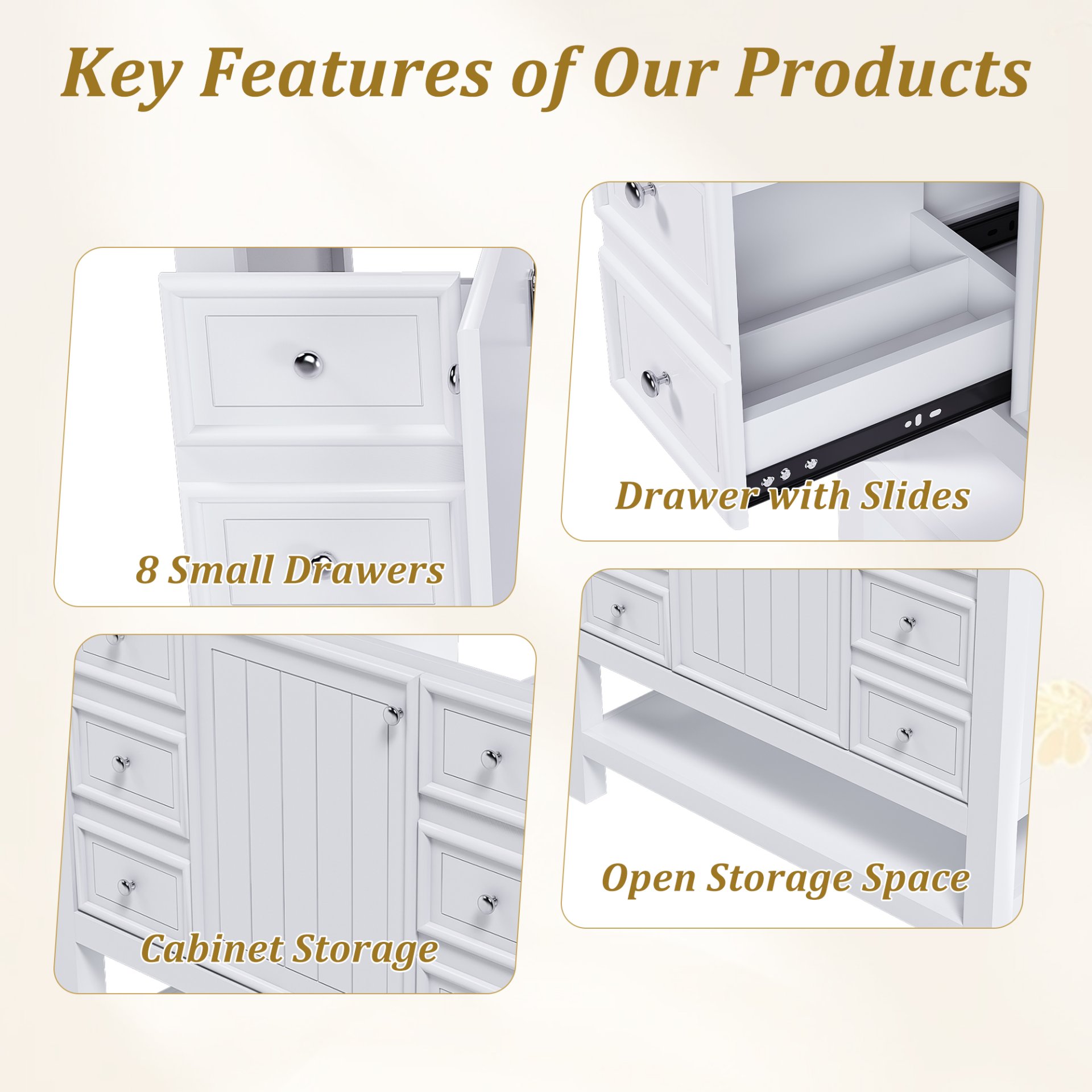 36" Bathroom Vanity With 1 Cabinet And 3 Drawers 1, Storage Solution - White - Image 7
