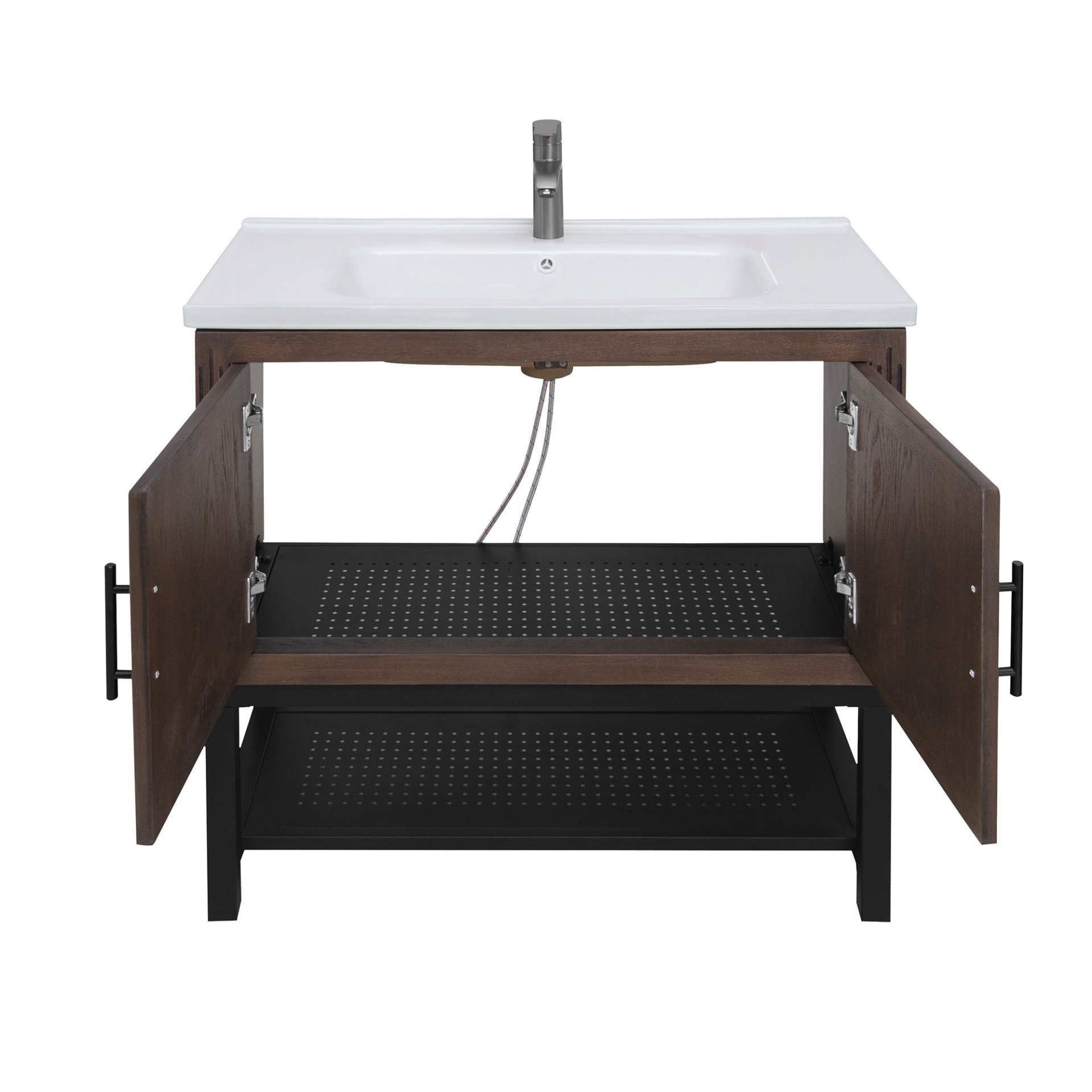 Modern Freestanding 36" Bathroom Vanity With Ceramic Sink, Hot And Cold Faucet, 2 Door Cabinet & Open Iron Shelf - Walnut - Image 12