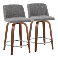 Toriano - Mid-Century Modern Fixed Height Counter Stool / Swivel And Round Footrest (Set of 2) - Walnut / Gray