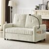 Modern Loveseat Pull Out Sofa Bed With Adjustable Backrest, Two Cup Holders, A Phone Holder, Three Charging Ports And Side Storage Pockets For Living Room - Beige - Image 11