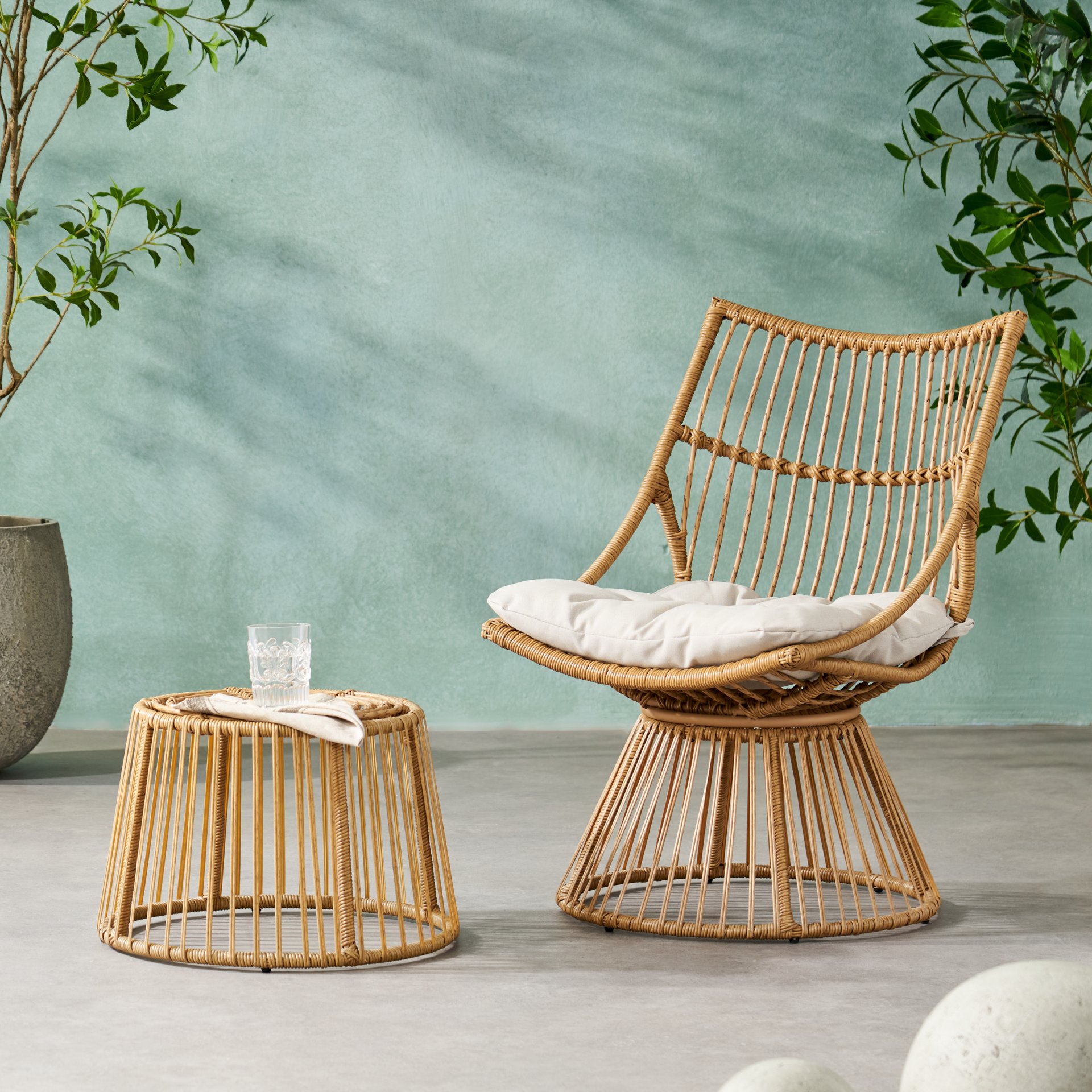 2 Piece Rattan Patio Set With Club Chair And Side Table - Beige / Light Brown - Image 9