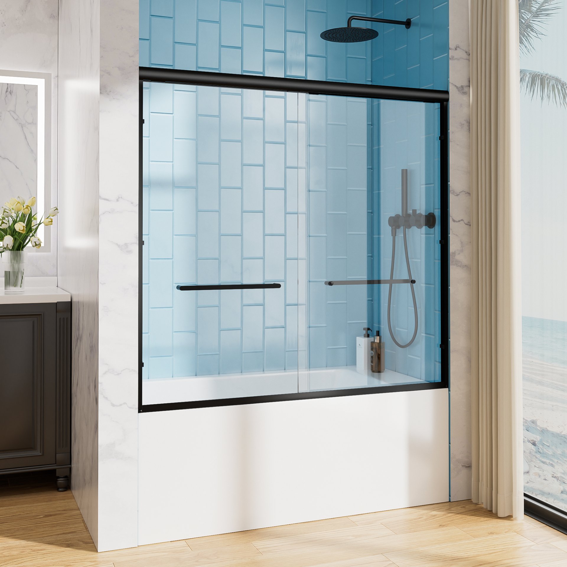 Aluminum Frame Double Sliding Soft Close Bathtub Shower Door, 1 / 4" Tempered Glass And Dual 304 Stainless Steel Handles - Matte Black - Image 3