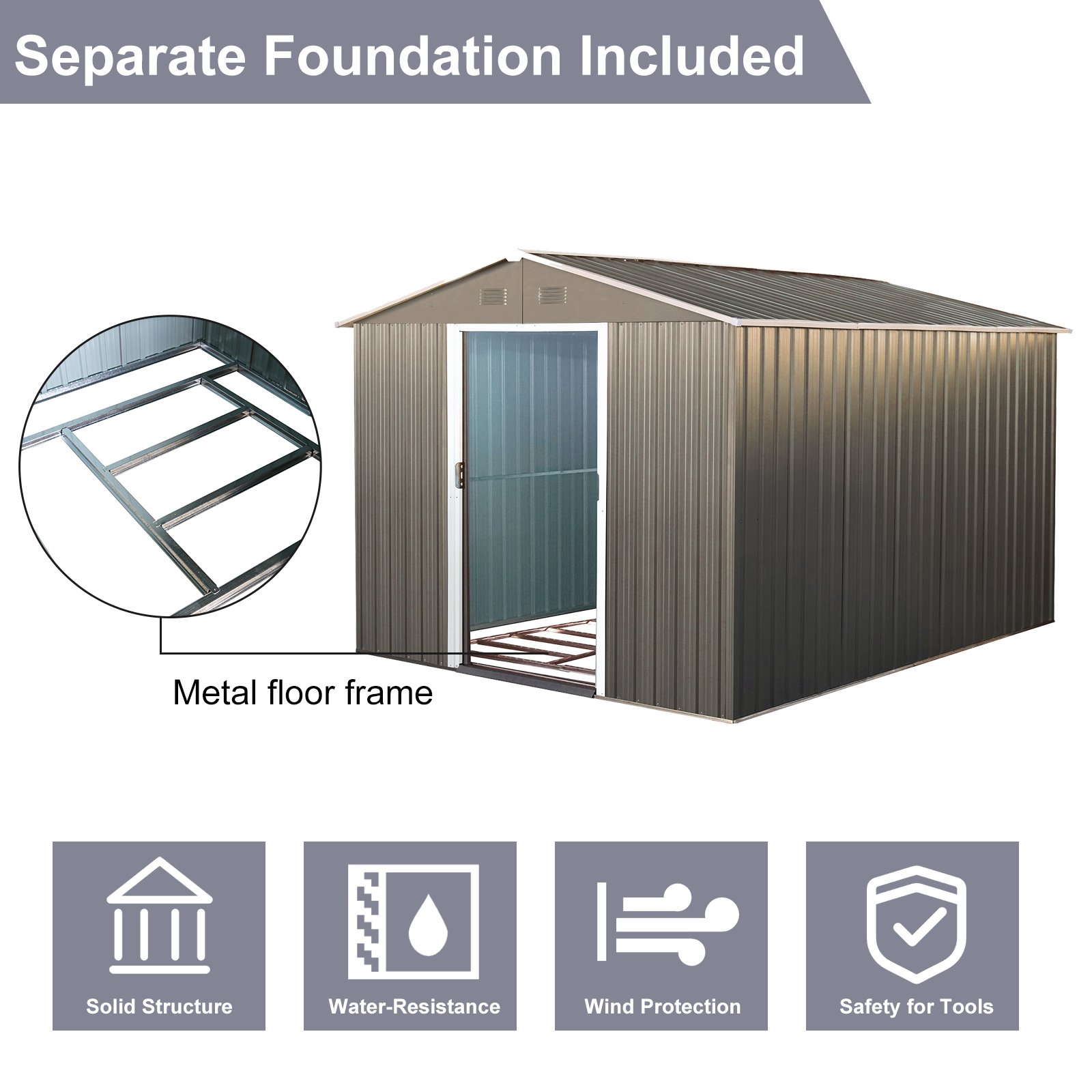 8X10Ft Outdoor Metal Storage Shed - Gray - Image 8