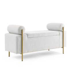 Elegant Upholstered Linen Storage Bench With Cylindrical Arms And Iron Legs - White