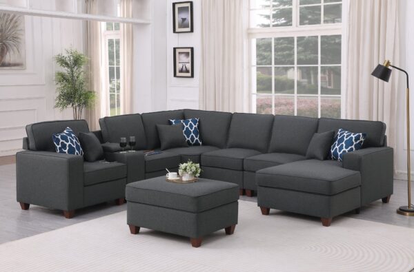 Tina - 8 Piece Upholstered Sectional With Ottoman - Dark Gray