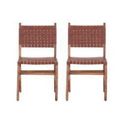 Rustic Wooden Dining Chair (Set of 2) With Genuine Leather Woven Upholstery - Brown