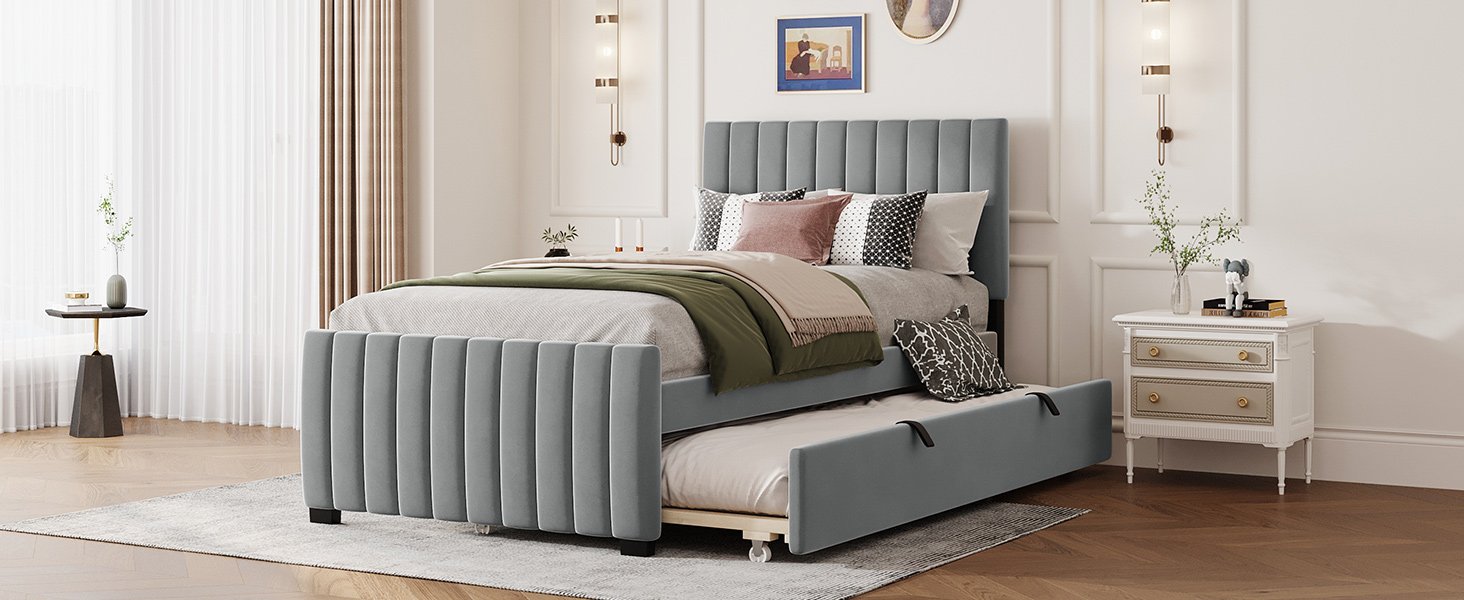 Twin Size Upholstered Platform Bed With Twin Size Trundle - Gray - Image 13