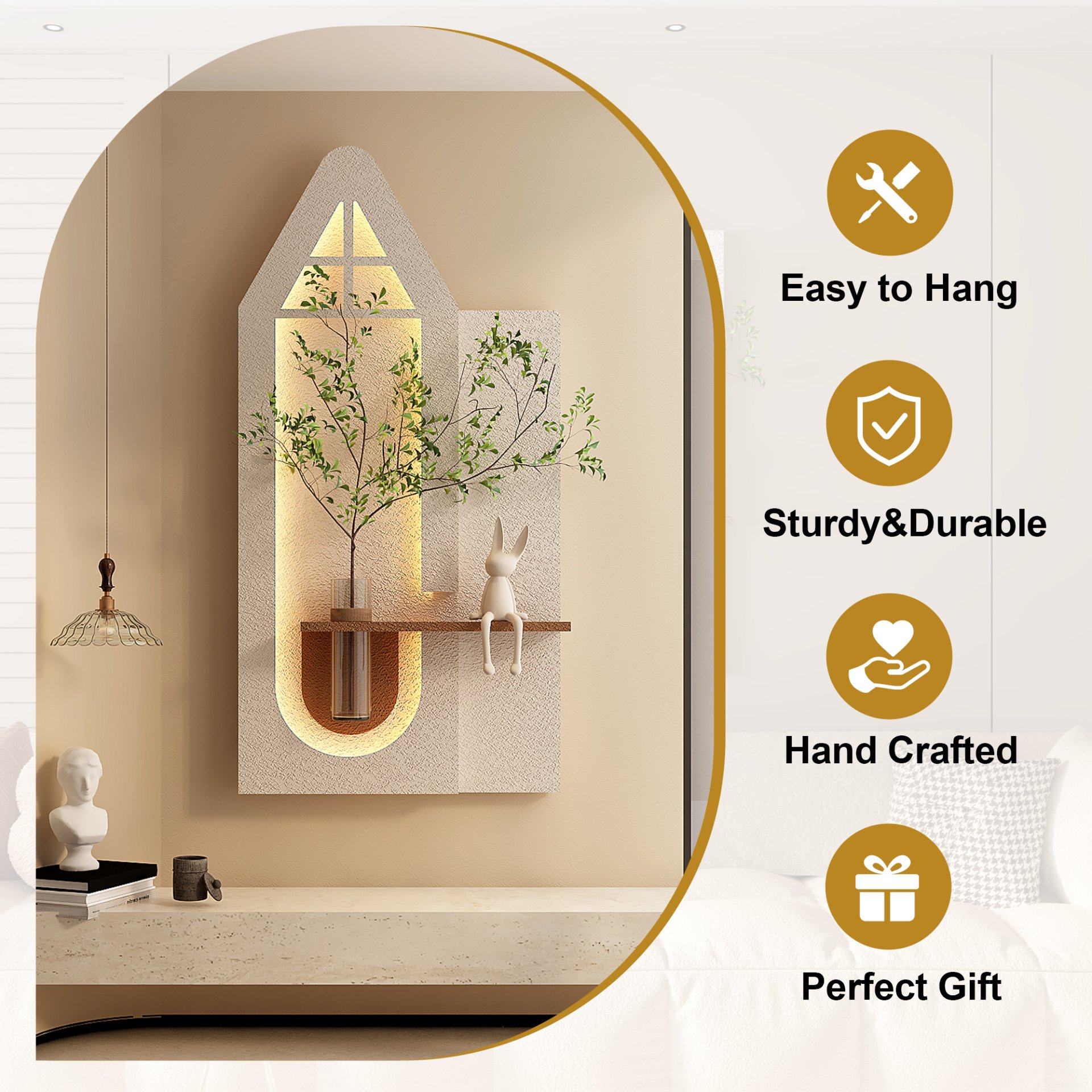 Adjustable 3 Color LED Sandstone Wall Decor With Simulated Plants, Glass Vase & Rabbit Statue - Light Coffee - Image 6