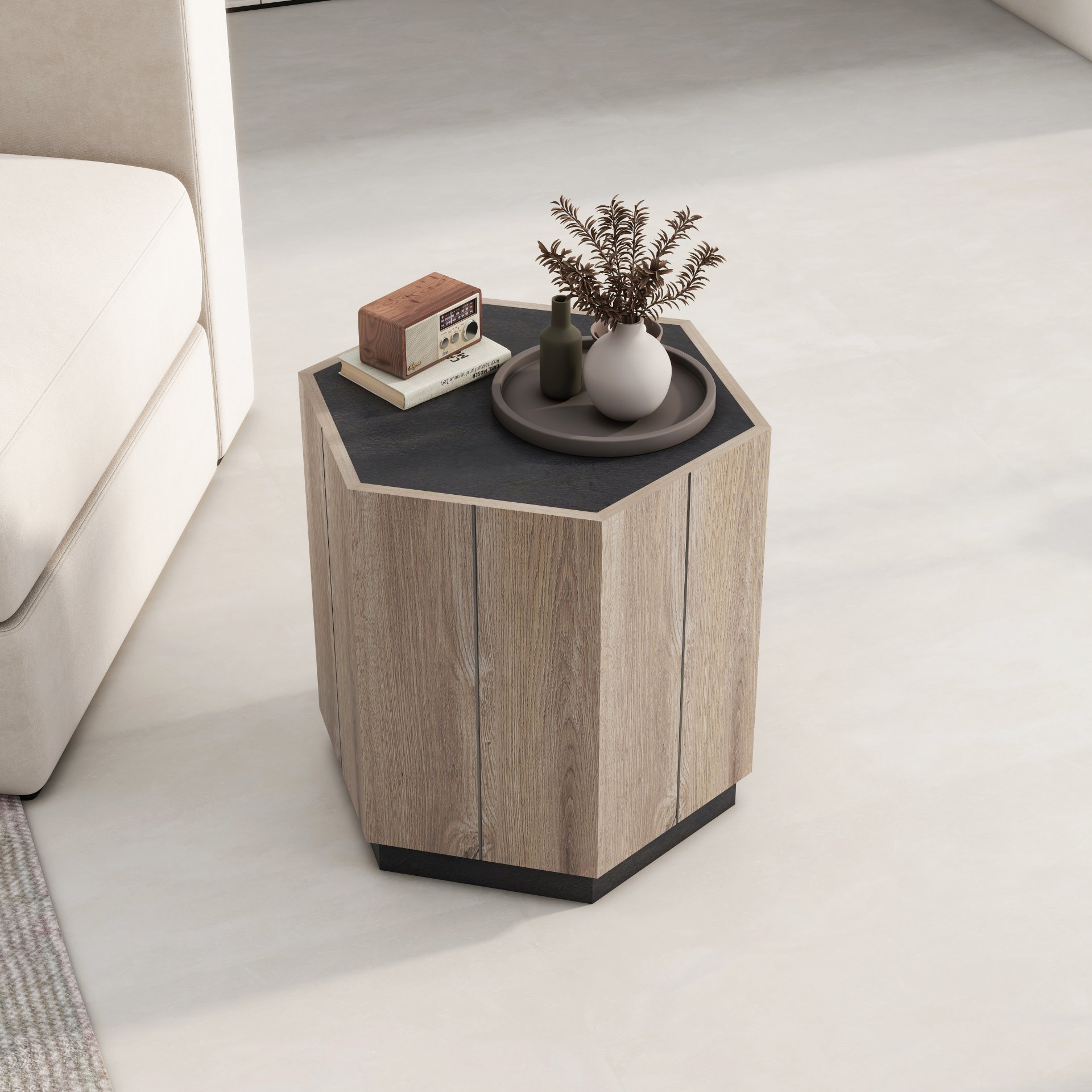 Hexagonal Rural Style Garden Retro With Drawer Living Room Corner Table Bedroom Bedside Table - Light Oak - Image 4