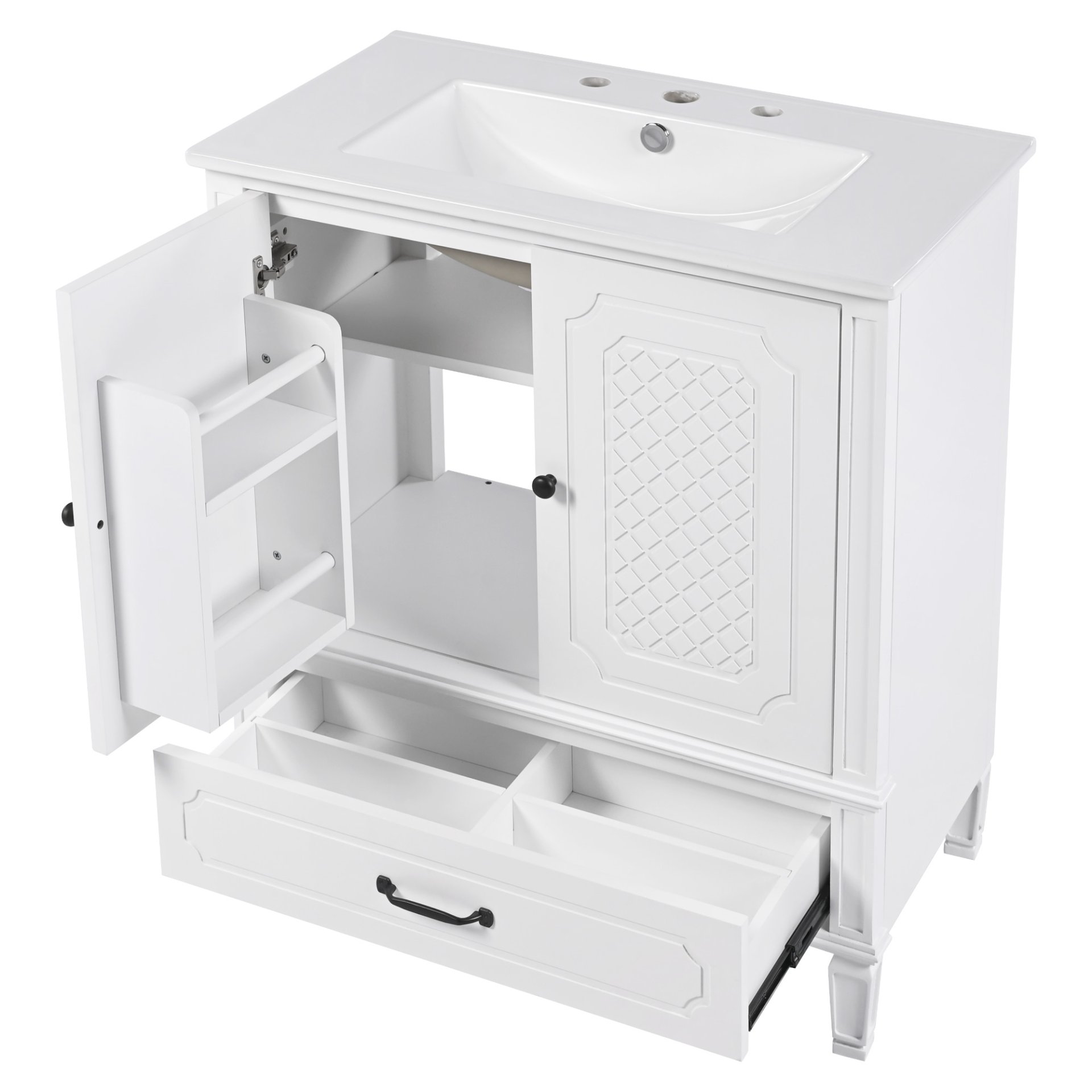 Vintage Style 30" Bathroom Vanity With Sink, Multi Functional Storage, Soft Closing Door - White - Image 13