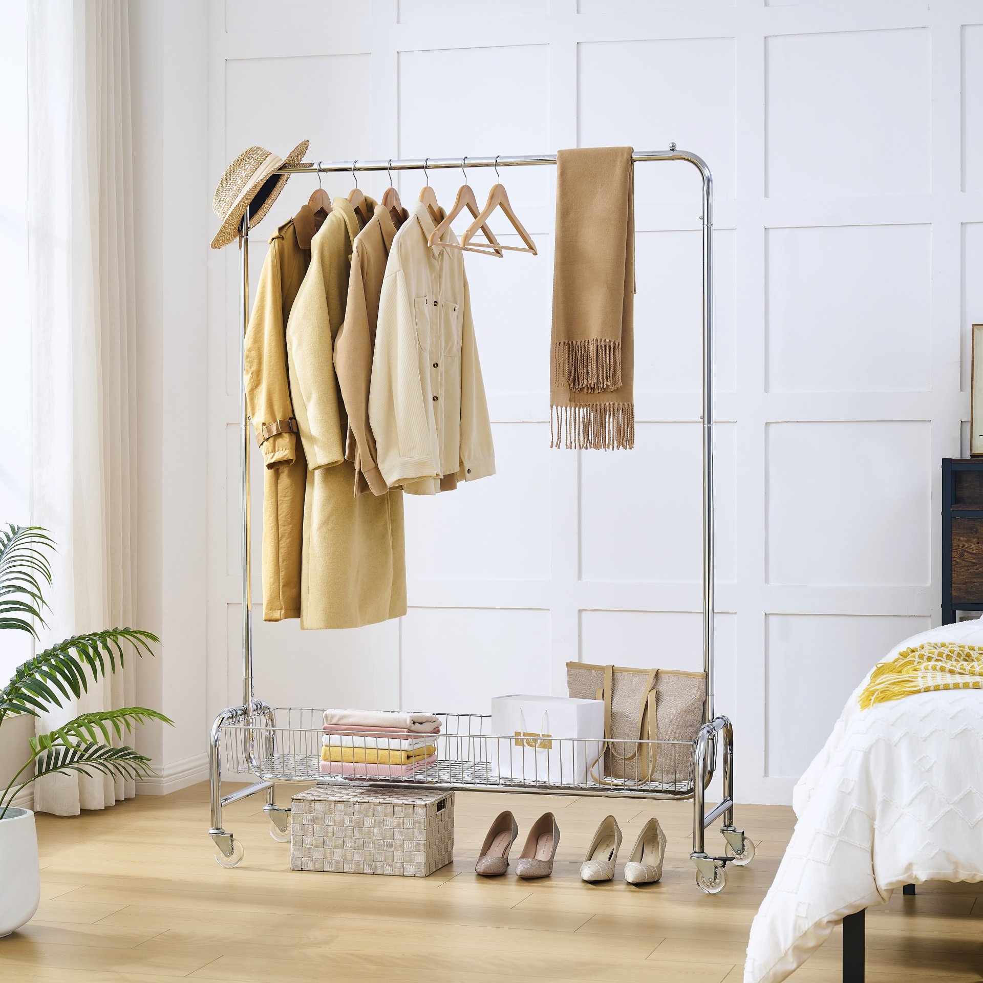 Heavy Duty Iron Garment Rack With Basket On Wheels - Silver - Image 4