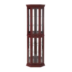 Corner Curio Cabinet With Lights, Adjustable Tempered Glass Shelves, Mirrored Back, Display Cabinet (E26 Light Bulb Not Included) - Cherry