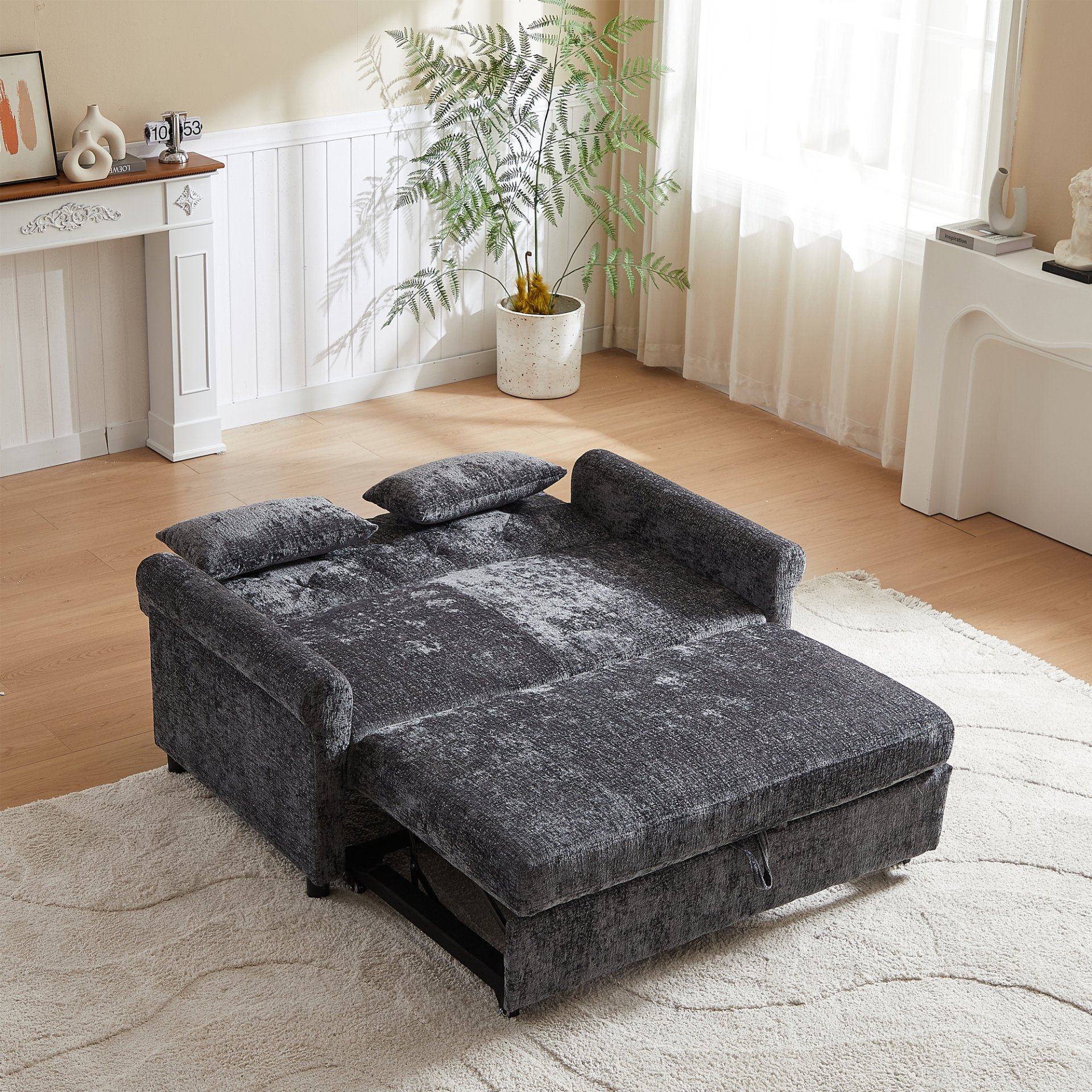 3 In 1 Loveseat Sofa Bed Chenille Fabric Pull Out Couch Sleeper Full Back Frame, Seat Frame, Armrests & 2 Pillows - Dark Gray - Image 7