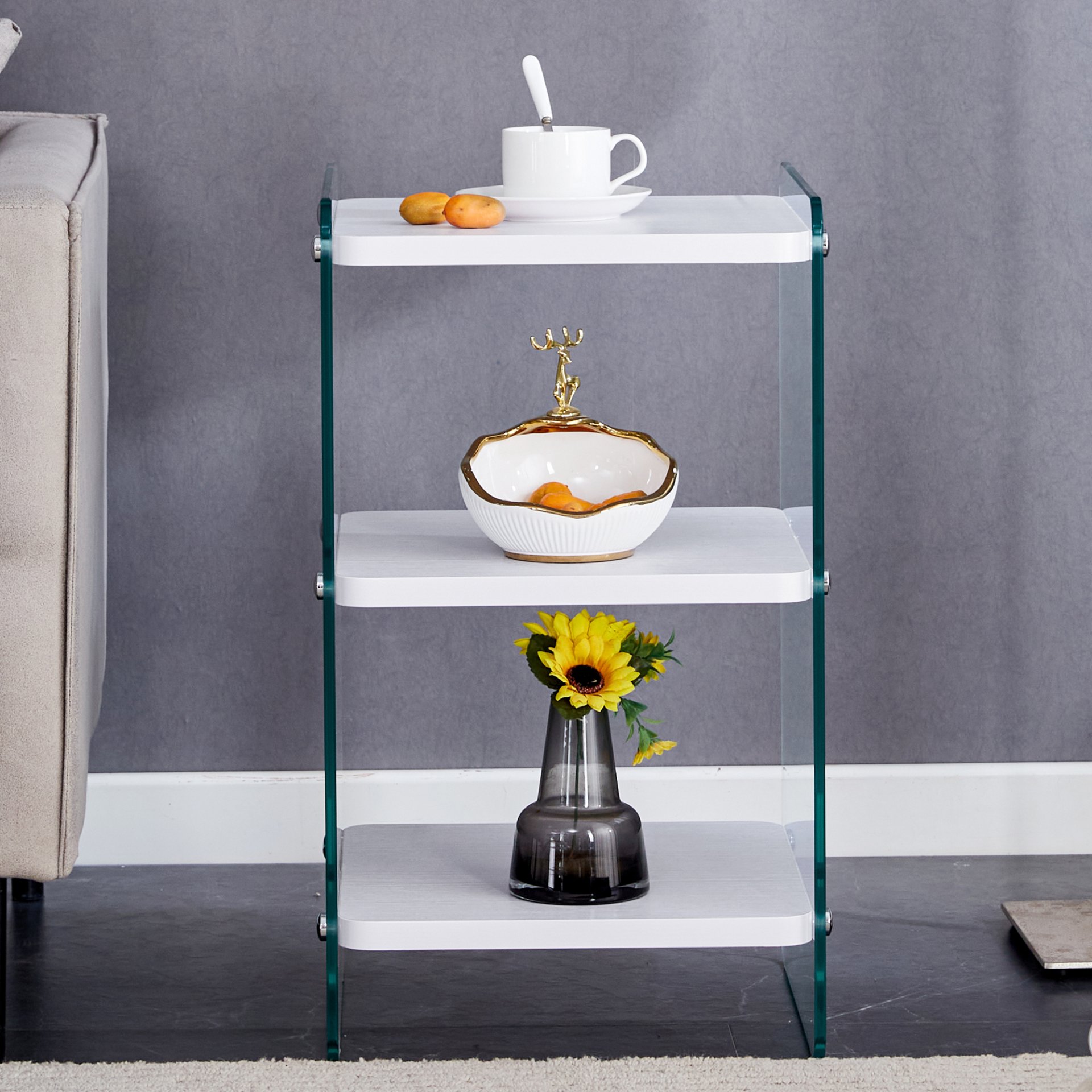 Simple Elegant Bedside Table With Storage Function And Tempered Glass - White - Image 5