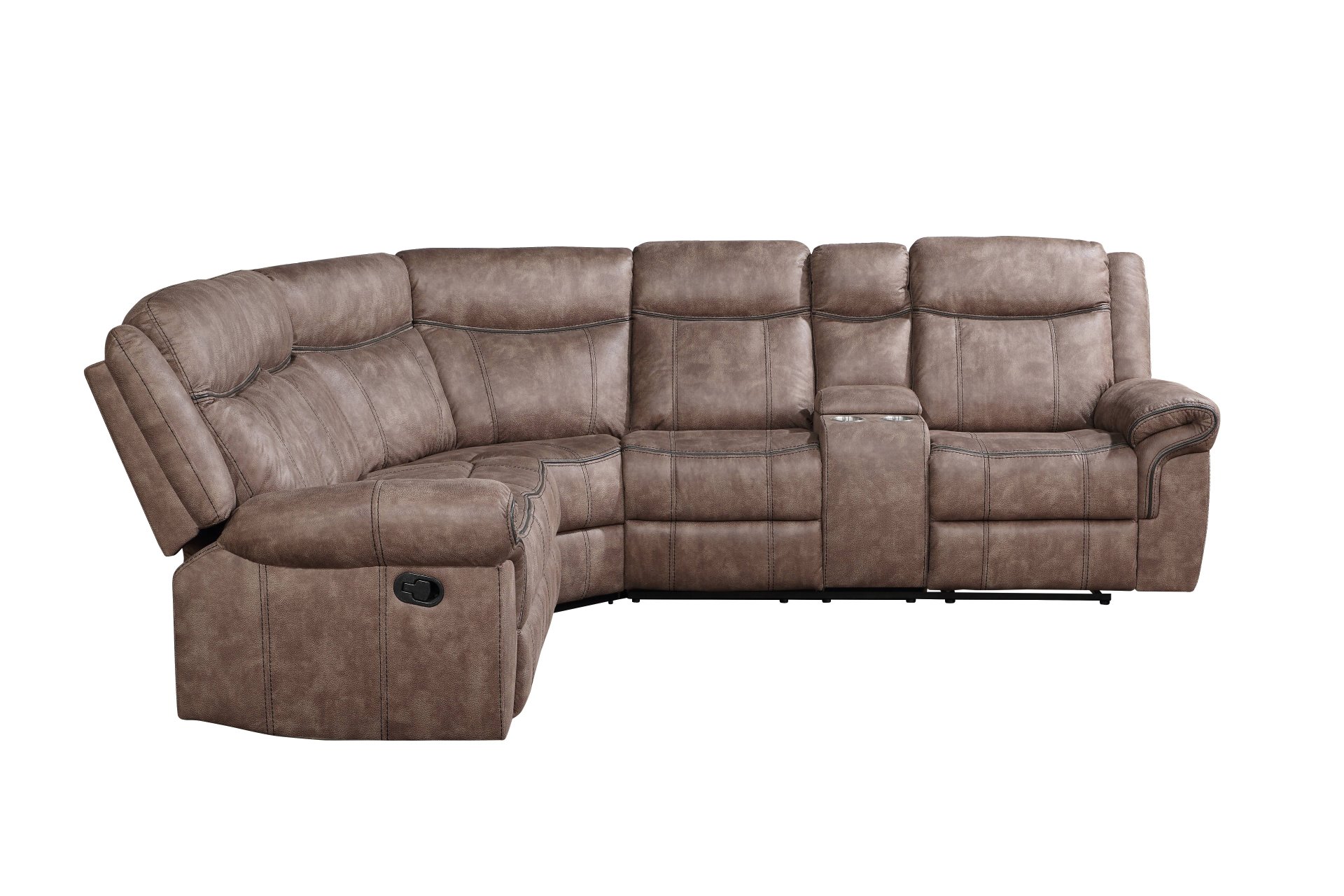 Dollum - Two Tone Nubuck Manual Recliner Sectional Sofa With USB Port Cupholder Console - Chocolate - Image 2