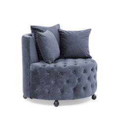 Modern Velvet Upholstered Swivel Chair With Button Tufted Design And Movable Wheels - Gray