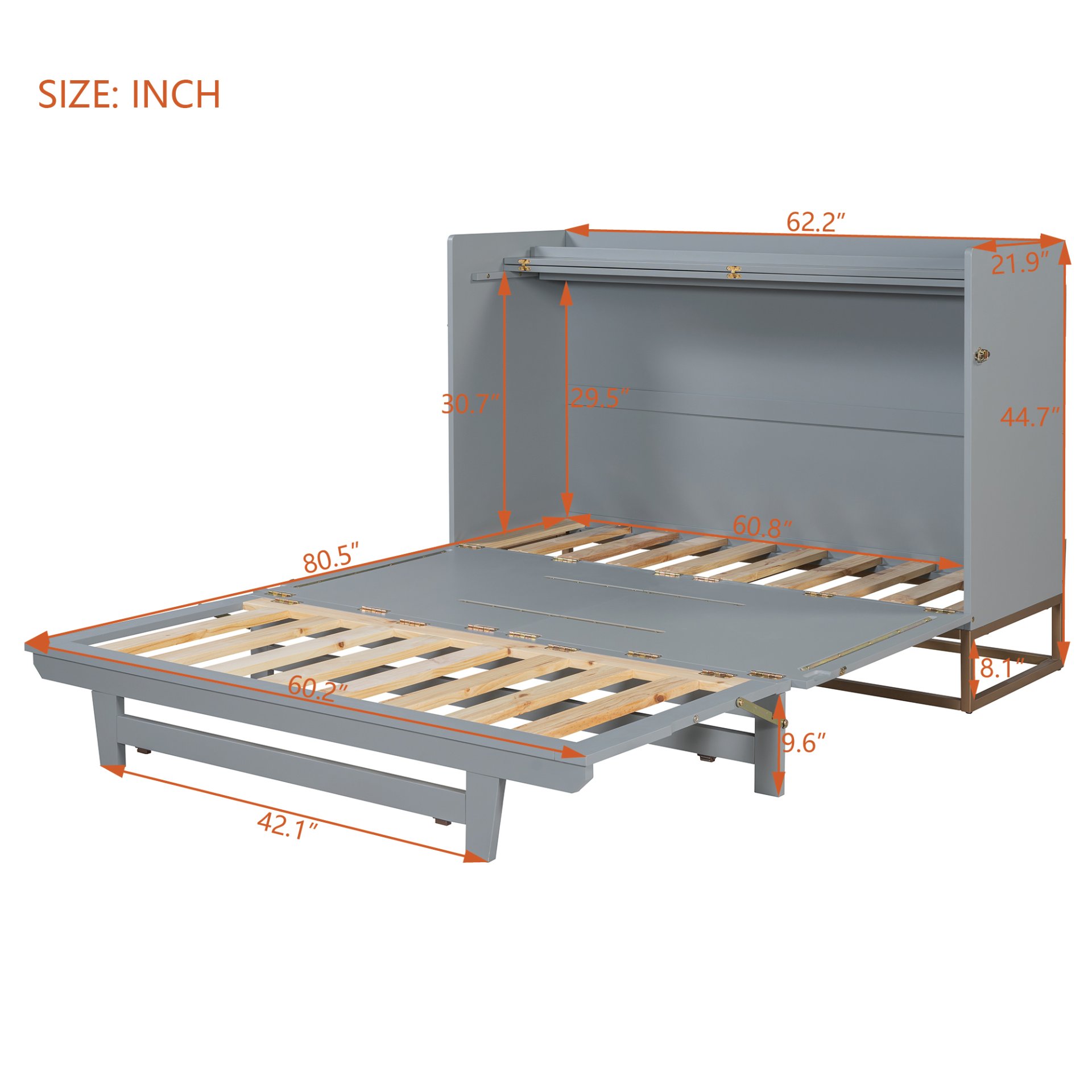 Queen Size Murphy Bed With Iron Legs, Modern Design - Gray - Image 21