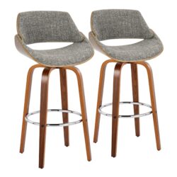Fabrizzi - Mid-Century Modern Fixed Height Barstool With Swivel With Round Footrest (Set of 2) - Walnut / Gray