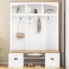 Farmhouse 4 In 1 Hall Tree With Wood Grain Bench And Top, Multifunctional Coat Rack With Hooks And Shell Handles, Mudroom Bench With Adjustable Shelves For Hallway, Living Room - White - Image 4